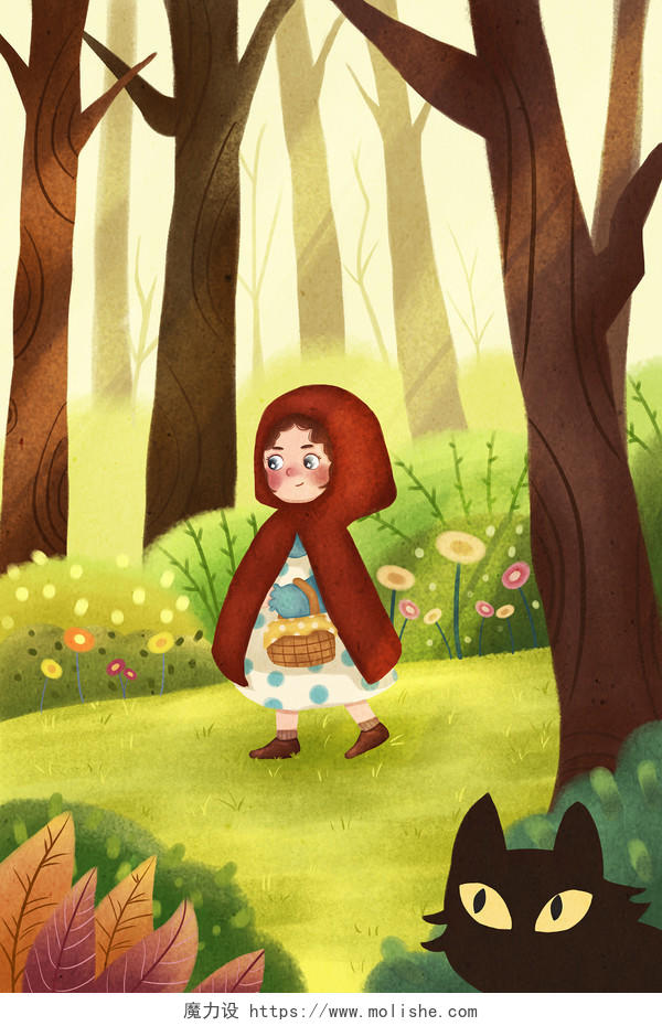扁平肌理风童话故事插图绿色森林场景小红帽儿童插画